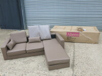 Abreo Sofa Chair with Chaise Lounge in Beige/Brown. Size H69 x W179 x D147cm. Boxed/New.