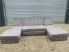 Grey Fabric U Shape Sofa Bed with Quilted Detail & Button Back. 2 Side Ottoman Sections, Centre Sofa Bed Section with Bag of Feet & Fixings. Size H85 x W290 x D170cm. NOTE: missing side arm sections.