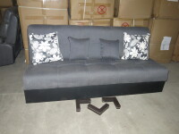 Grey Fabric Folding Futon/Sofabed with Storage Under & 4 x Cushions. Size H40 x W190 x D110cm. NOTE: missing ends & 1 x foot.