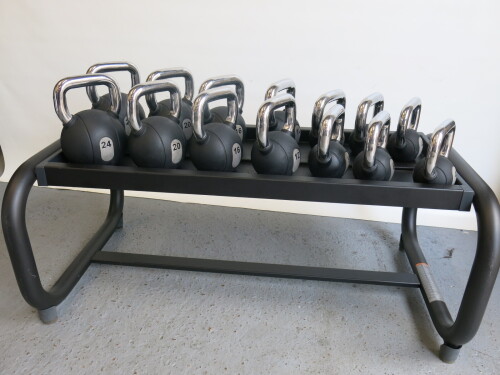 Set of 14 Technogym Kettlebell Weights to Include: 2 x 24kg, 2 x 20kg, 2 x 16kg, 2 x 12kg, 2 x 8kg, 2 x 6kg, 2 x 4kg.Comes with Heavy Duty Metal Universal Rack.