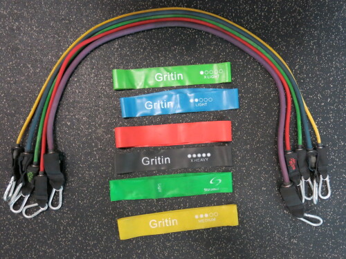 5 x Resistance Bands with Carabiners to Include: 1 x 10.4kg, 1 x 5.9kg, 1 x 3.6kg, 1 x 2.3kg, 1 x 1.4kg & 7 x Grittin Resistance Bands.