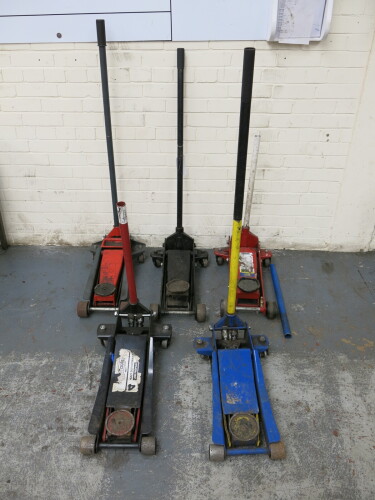 6 x Assorted Car Trolley Jacks. NOTE: all requiring attention (As Pictured/Viewed).