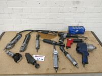 12 x Assorted Air Tools to Include: Erbauer Chisel, Blue-Point Reversable Cut Off Tool (Boxed/New), 2 x Tyre Pumps, Side Cutter, 2 x Drills, Belt Sander & 2 x Ratchets (As Pictured/Viewed).