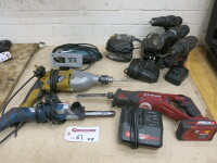 8 x Assorted Power Tools to Include: 3 x Cordless Drills, Belt Sander, Hammer Drill, Jigsaw, Reciprocating Saw & Sander with 3 x Chargers & 5 x Batteries (As Pictured/Viewed).