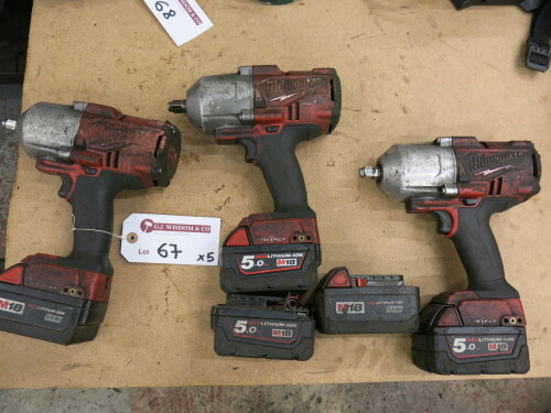 3 x Milwawkee Fuel Brushless Drills, Model M18 ONEFHIWF12 with 5 x Batteries. NOTE: 2 x drills A/F.