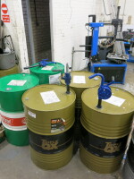 5 x Part Filled Oil Drums to Include: 3 x Triple QX 5W30 Synthetic, 2 x Castrol 5w30 with 3 Manual Pumps (As Viewed).