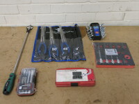 Assortment of Tools to Include: 1 x Brake Calliper Socket Set, 1 x 9PC Stud Remover Set, 1 x Precision Knife Set, 1 x 10PC Blue Spot Stubby Spanner Set, 1 x Blue Spot 450mm Slot Screwdriver & 3 x Long Nose Pliers (As Pictured/Viewed).