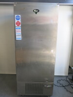 Foster Single Door Stainless Steel Upright Freezer, Model PFB600LW-A. Comes with 8 Trays. Size H207 x W83 x D70cm. NOTE: damage to lcd display & door requires attention to close.