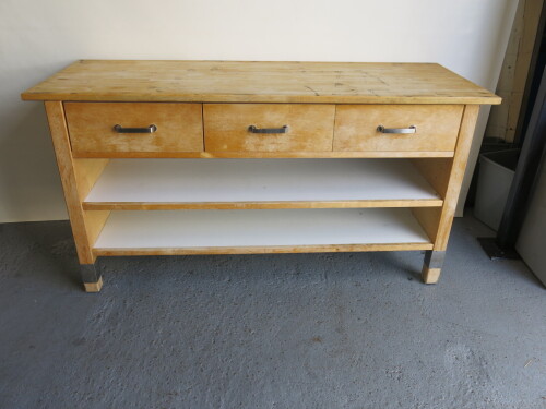 Large Wooden Side Table with 3 Drawers & 2 Adjustable Shelves Under, Size H x W x D. Comes with Detachable Stainless Steel Prep Table Top.