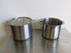 Lot of Kitchen Equipment to Include: 2 x Stock pots (1 x lid), 1 x Large Stainless Steel Mixing Bowl & 2 x Colander. - 2