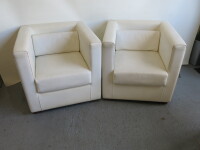 Pair of Della Rovere White Leather Reception Chairs On Wooden Feet. Size H73 x W73 x D75cm.