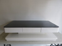 White High Gloss Rectangular Coffee Table with Drawer Either Side & Glass Top. Size H36cm x W120cm x D70cm.