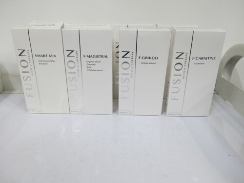 Lot Consisting of 29 x 50ml Fusion Meso Therapy Vials & 3 x LPG Beauty Products to Include: 5 x 50ml F-Carnitine, 5 x 50ml F-Ginko, 9 x 50ml F-Magistral, 4 x 50ml Smart Mix, 2 x 50ml F-PPC, 1 x 50ml F-XBC, 1 x 50ml F-Vitamin ACE & 1 x 50ml F-Silorg, 1 x G