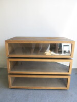 3 x Stackable Bespoke Steel, Oak, Glass Display Cabinets with Drawers. Individual Size H34 x W120 x D70cm.