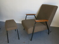Pair of Black Metal Framed Lounge Chairs & Stools Upholstered in Green Country Fabric.