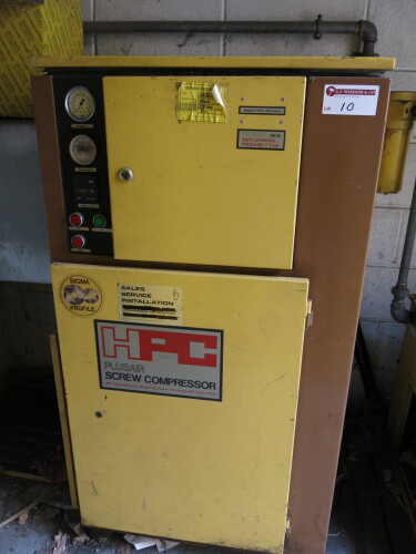 HPC PlusAir Screw Compressor, Model SK18, 39654hrs, Last Service 2008 but used as back up/spare and appears in working order. NOTE: Buyer required to dismantle & remove from site.