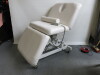 Avalon 3 Section Fully Electric Adjustment Couch with 3 Motors, Handset Control Pad, Face Hole & Upholstered in White Faux Leather. Size Maximum Height 100cm x Length 190cm x Depth 90cm. NOTE: missing face hole plug.