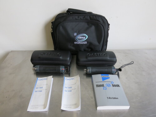2 x Gastec Detector Gas Sampling Pump Kits to Include: 2 x GV 100 Pumps, Instruction Manuals & Accessories . Comes with Gastec Environmental Analysis Technology Hand Book & Soft Carry Case.