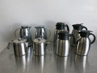 Lot of Assorted Metal Tea Pots & Jugs to Include: 2 x Tea Pots & 6 x Assorted Sized Chrome Jugs.