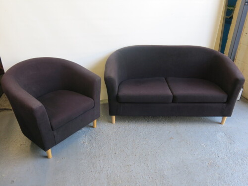 2 Seater Reception Sofa & Single Seat Reception Chair. Upholstered in Black Velour with Wooden Legs. Size Sofa H75 x W145 x D70cm, Chair H75 x W78 x D70cm