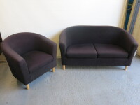 2 Seater Reception Sofa & Single Seat Reception Chair. Upholstered in Black Velour with Wooden Legs. Size Sofa H75 x W145 x D70cm, Chair H75 x W78 x D70cm