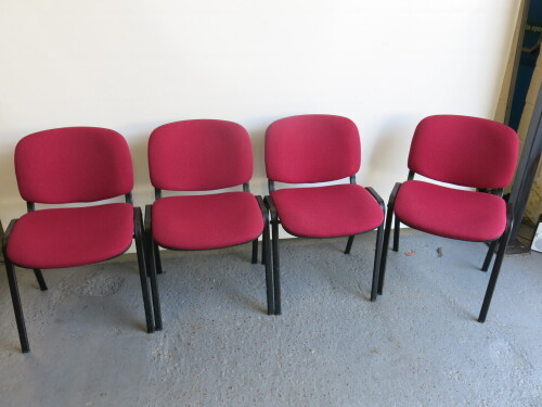 4 x Stackable Metal Frame Chairs, Upholstered in Red Sack Cloth.