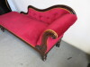 Chaise Lounge with Wooden Scroll Top Frame. Upholstered in Red Velour with Gold Braiding Detail on Metal Castors. Size H80 x W180 x D65cm. NOTE: missing 1 Castor. - 3