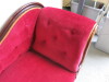 Chaise Lounge with Wooden Scroll Top Frame. Upholstered in Red Velour with Gold Braiding Detail on Metal Castors. Size H80 x W180 x D65cm. NOTE: missing 1 Castor. - 4