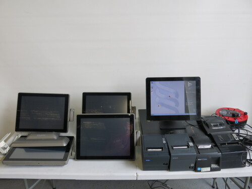 EPOS System to include: 4 x Poindus 15" Touch Screen Terminals, Model Varipos- 715, 1 x FEC 15" Touch Screen Terminal, Model PP1635, 5 x Assorted Thermal Printers & 1 x Cash Drawer (No Key). NOTE: only 3 power supplies. (As Viewed/Pictured). NOTE: Buyers 