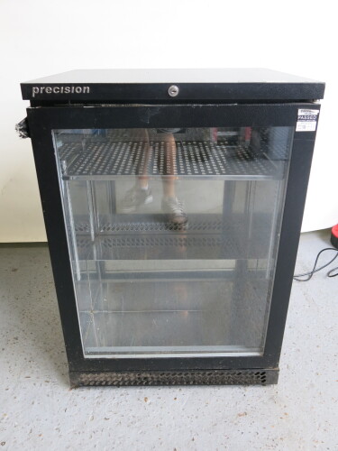 Precision Single Door Illuminated Back Bar Chiller, Model BBS600SS. Comes with 1 Shelf. Size H85 x W60 x D50cm. NOTE: Door Seal Requires Attention.