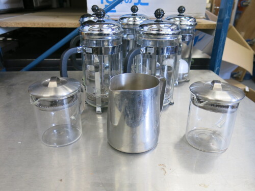 7 x Coffee & Tea Cafetiere to Include: 5 x Pyrex Coffee Cafetiere & 2 x Jing Tea Cafetiere & 1 x Stainless steel Jug.