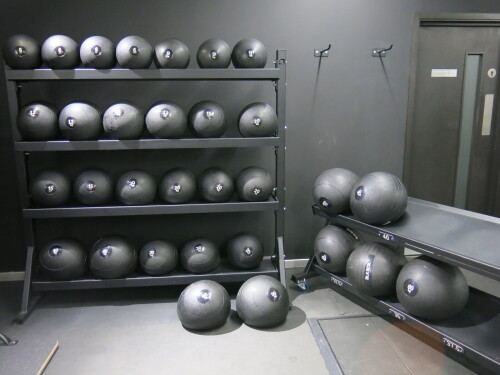 Set of 34 BLK BOX Slam/Medicine Balls to Include: 4 x 6kg, 5 x 9kg, 4 x 12kg, 4 x 15kg, 4 x 20kg, 3 x 30kg, 4 x 40kg, 3 x 50kg & 3 x 60kg with Freestanding Rack.