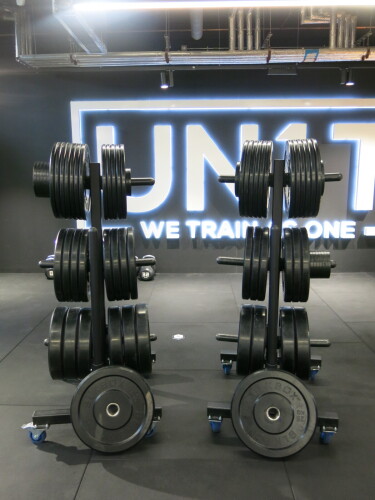 Set of 70 x BLK BOX Plate Weights to Include: 2 x 25kg, 10 x 20kg, 14 x 10kg, 24 x 15kg, 10 x 2.5kg, 10 x 1.25kg on 2 x Mobile Racks.