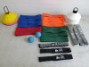 Assorted Gym Equipment to Include: 14 x Flexvit Bands, 2 x Rubber Balls, Assorted Floor Cones & 6 x Peak Supps Weight Lift Bands.