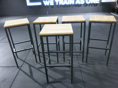 Set of 5 Wooden Seat Stools on Black Metal Frame with Matching High Table.