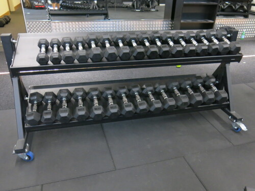 Set of 25 x BLK BOX Dumbbells to Include: 10 x 4kg, 2 x 9/7kg, 3 x 5kg, 2 x 2/3/6/8kg on Mobile Rack.