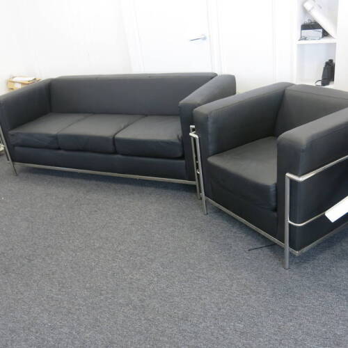 Black Faux Leather Reception Sofa on Chrome Frame, Size H72cm x D80cm x W200cm & Black Faux Leather Reception Chair on Chrome Frame, Size H72cm x D80cm x W90cm
