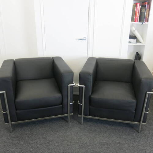 Pair of Black Faux Leather Reception Arm Chairs On Chrome Frame, Size H72cm x D80cm x W90cm