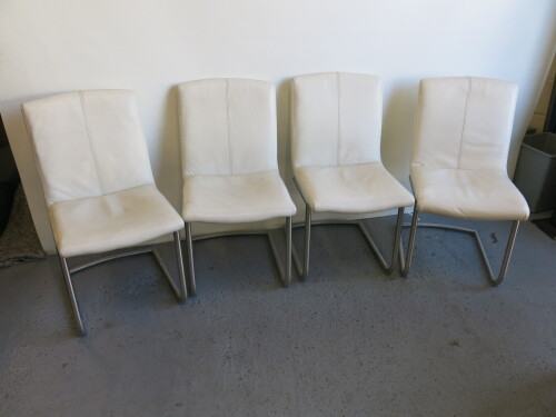 Set of 4 White Leather Cantilever Boardroom Chairs on Metal Frame.