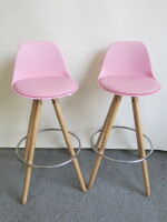 Pair of High Stools on Wooden Frame with Pink Cushion.