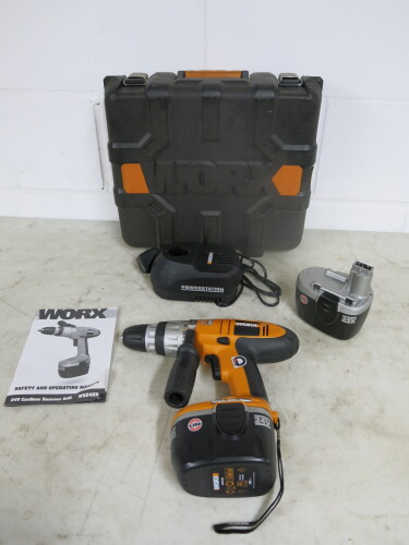 WORX Megatorque Cordless Hammer Drill, Model WX24HD. Comes with 2 x 24V 1.7Ah Batteries & Power Station Charger & Carry Case.