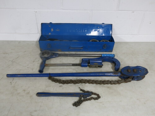 Pipe Cutting Equipment to Include: Presto Minor 2000 in Case, Record No103 1.5-3" Pipe Cutter, Record No233 Chain Wrench Pipe Cutter & Record No240 Chain Wrench Pipe Cutter.