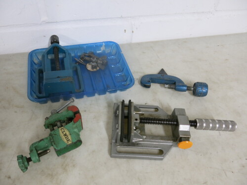 4 x Tools to Include: B&D Worktop Vice, Unbranded Worktop Vice, Clyde Mini Vice & Pipe Cutter.