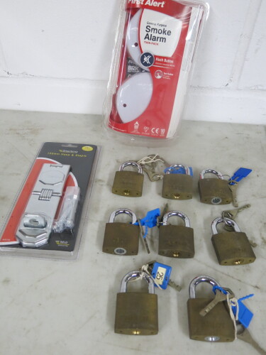 Lot Consisting of 8 x Abloy Padlocks with Key, Sterling 155mm Hasp & Staple and Twin Pack First Alert General Purpose Smoke Alarms.
