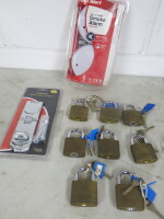 Lot Consisting of 8 x Abloy Padlocks with Key, Sterling 155mm Hasp & Staple and Twin Pack First Alert General Purpose Smoke Alarms.