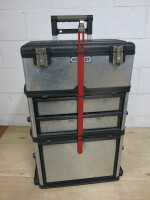 Stanley 3 Section Mobile Tool Chest on Trolley with Assortment of Tools to Include: Screwdrivers, Drill Bits, Cutters, Pliers, Hammer, Electrical Consumables & More (As Pictured/Viewed).