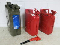 3 x Jerry Cans to Include: 1 x 20L, 2 x 10L & Additional Plastic Funnel. NOTE: 1 x 10L contains some fuel (unknown).