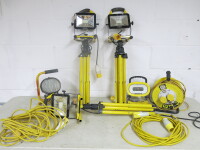 5 x 110v Worklights & Extension Cables to Include: 3 x Faithful 20w LED Tripod Spotlights, 1 x Powerman LED Worklight, 1 x Halogen Bulb Floorlight, 1 x 25m 110V Extension Reel & 2 x 110v Extension Cables.