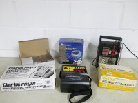 6 x Electrical Items to Include: Clarke Power Professional Battery Tester, Gizoq Rechargeable Battery Charger, MVF 12V D.C Rechargeable Handy Power System (Model I-7000), Delta Heavy Duty Solid State Regulated D.C Power Supply, Selmar Turbo 8 Heavy Duty B