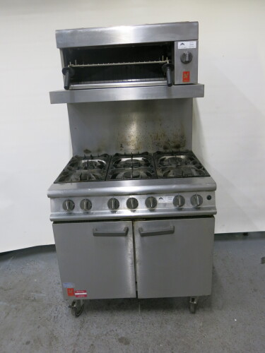 Falcon Gas 6 Ring 2 Door Cooking Range On Castors, Model G3101 with Falcon Salamander Gas Grill, Model G3532. Size, Total Height 174 x W90 x D80cm.